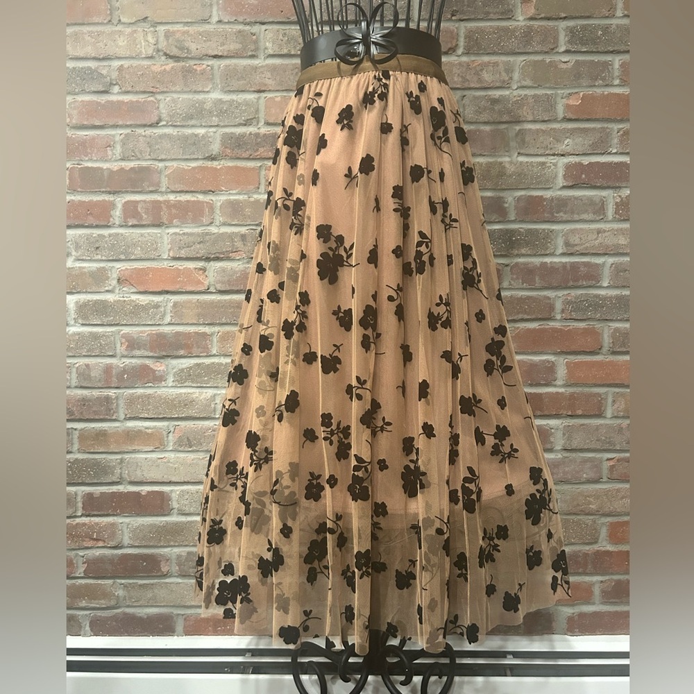 Tulle A-line 3 Layer Skirt, Pinky Tan With Velvet Like Black Flowers Size Large
